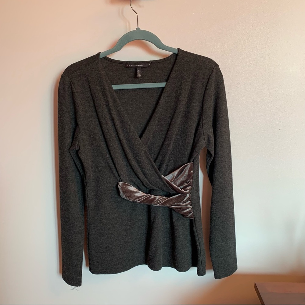 White House Black Market Velvet Wrap Waist Sweater Womens Medium Gray